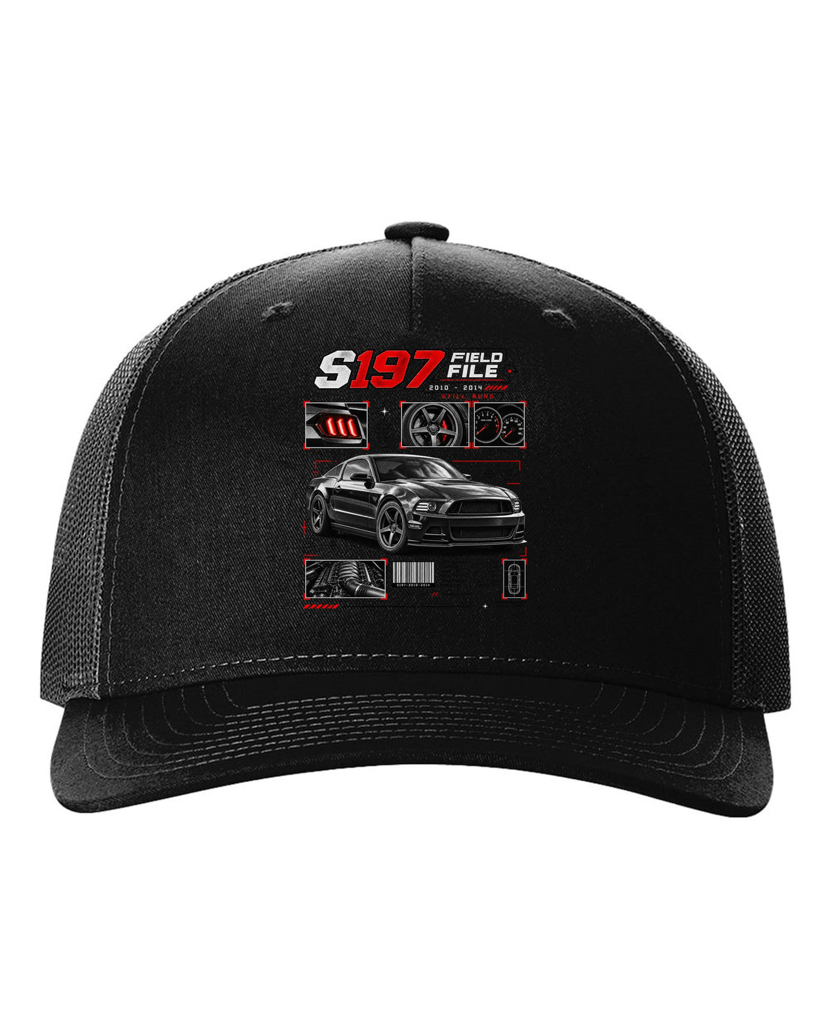 Four-panel dossier print of a Ford Mustang S197 GT fastback black hat front view with the design