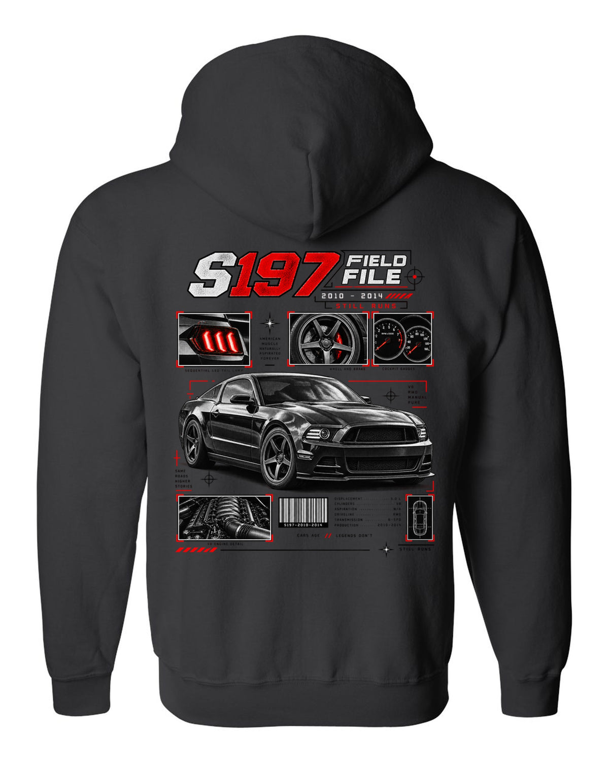 Four-panel dossier print of a Ford Mustang S197 GT fastback black zip hoodie back view with the design