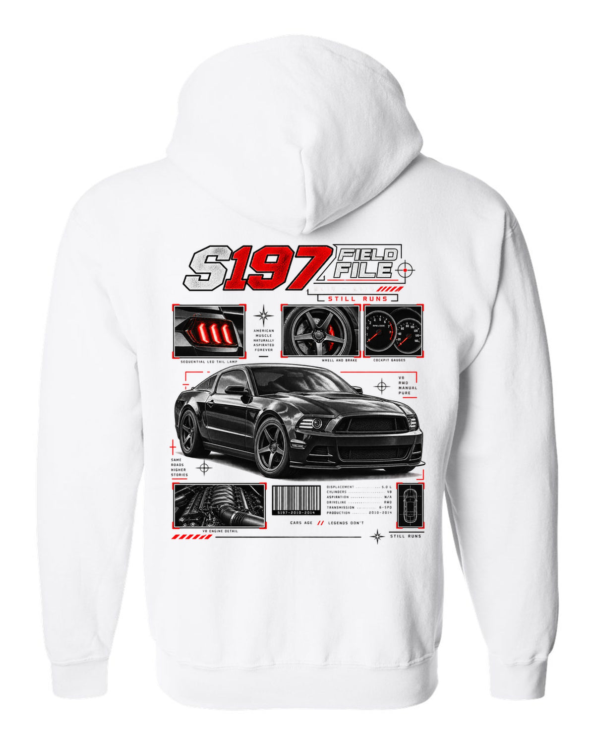 Four-panel dossier print of a Ford Mustang S197 GT fastback white zip hoodie back view with the design
