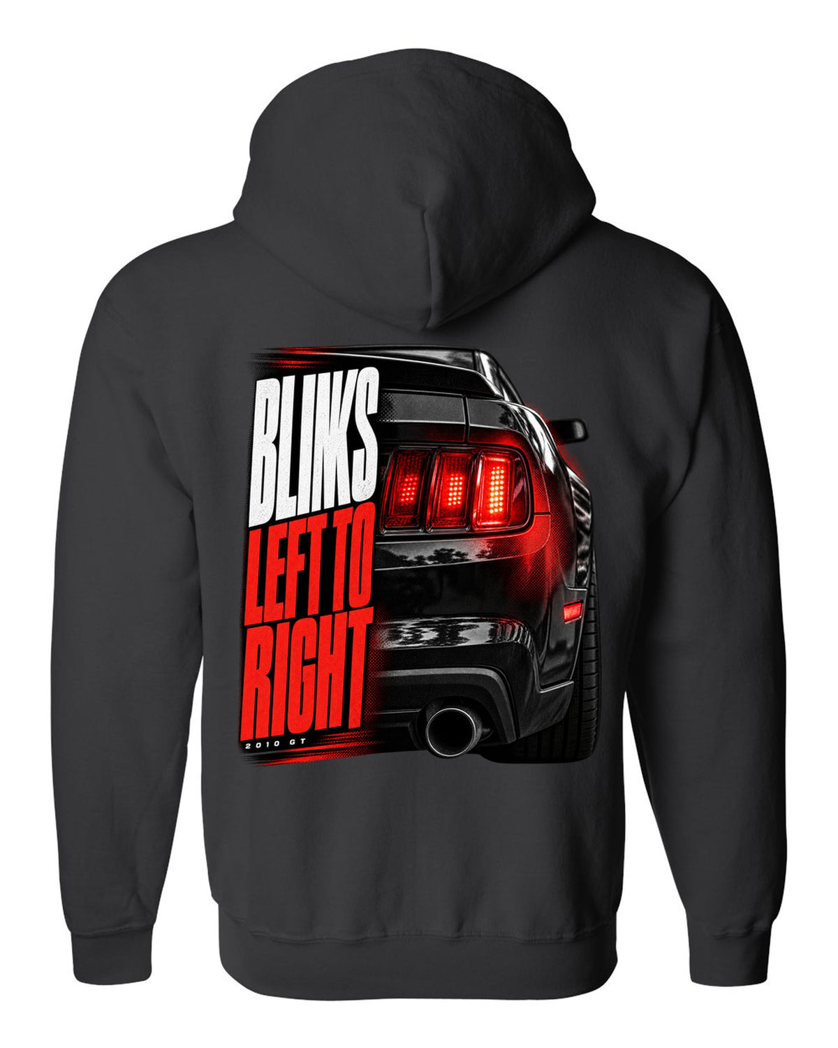 Macro print of a 2010 Ford Mustang S197 GT taillight black zip hoodie back view with the design