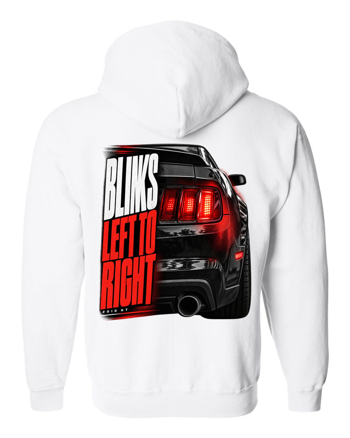 Macro print of a 2010 Ford Mustang S197 GT taillight white zip hoodie back view with the design