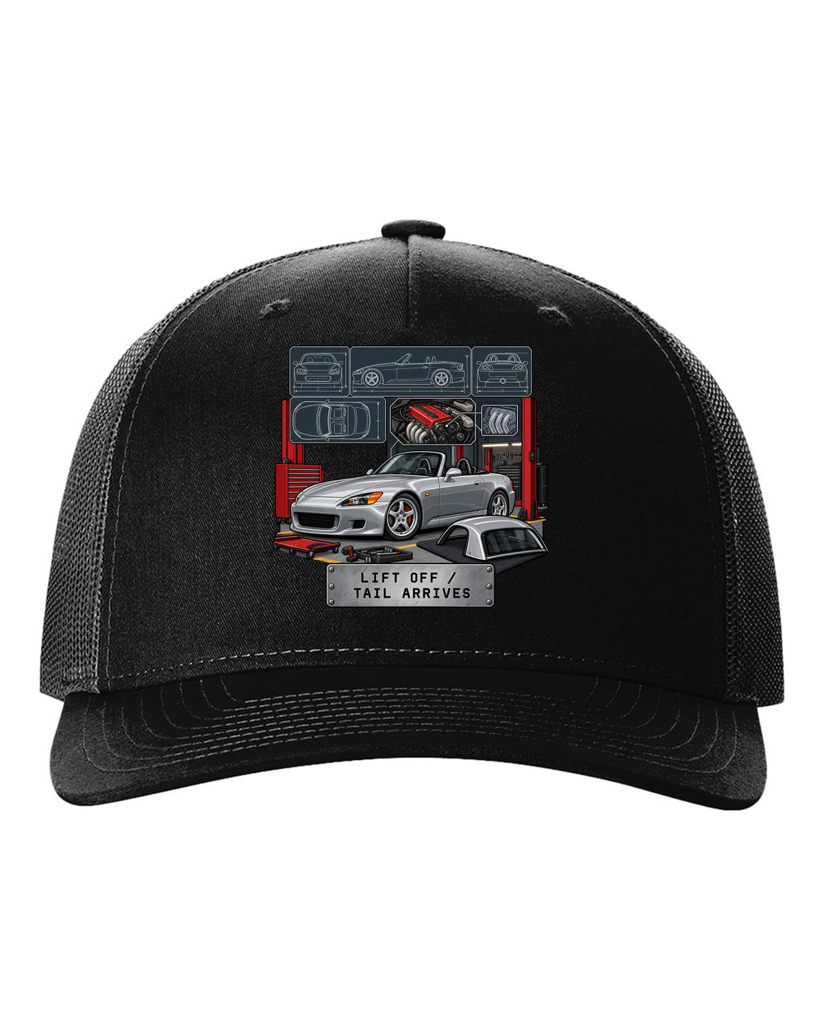 Spec sheet data plate print of a 1999 Honda S2000 AP1 roadster with lift off tail arrives text black hat front view with the design