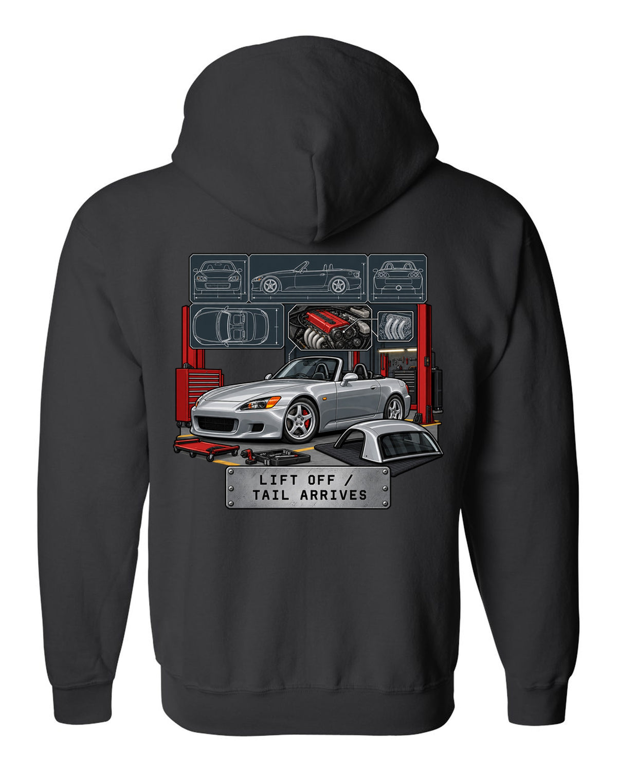 Spec sheet data plate print of a 1999 Honda S2000 AP1 roadster with lift off tail arrives text black zip hoodie back view with the design
