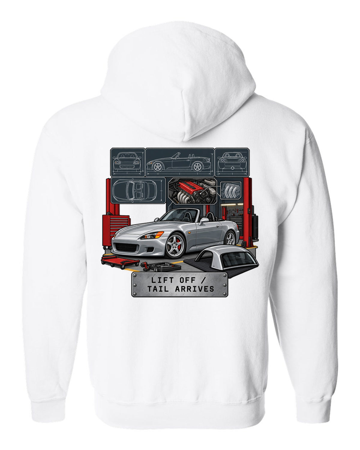 Spec sheet data plate print of a 1999 Honda S2000 AP1 roadster with lift off tail arrives text white zip hoodie back view with the design