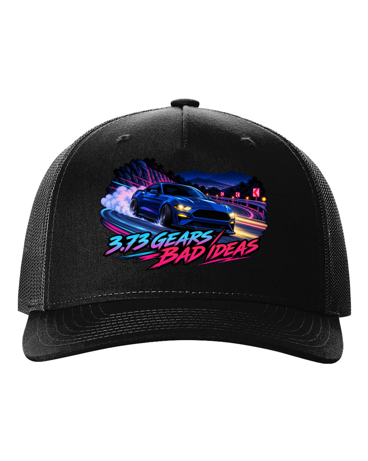 Cel-shaded anime night touge print of a 2015-2023 S550 Mustang fastback with 3.73 Gears text black hat front view with the design