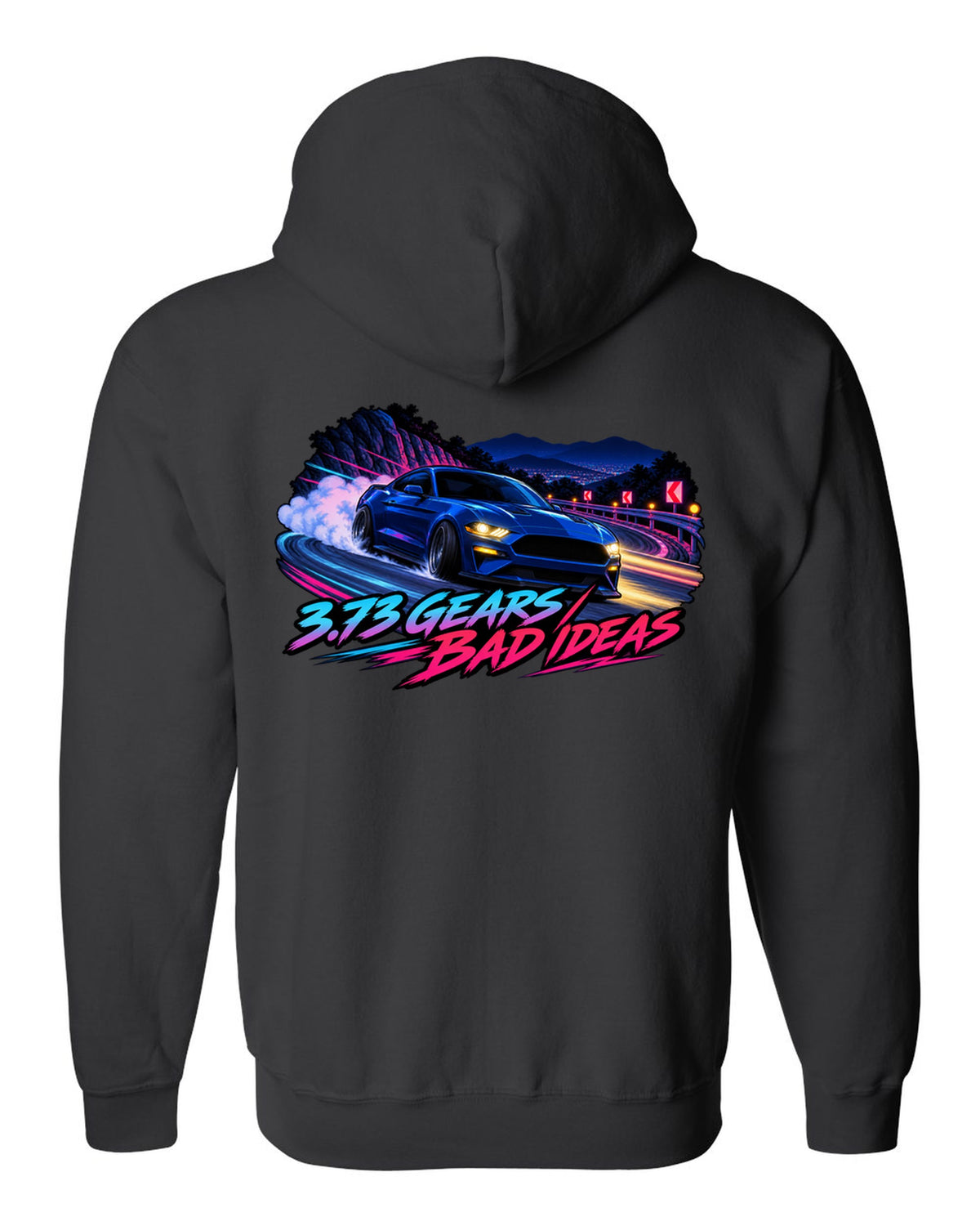 Cel-shaded anime night touge print of a 2015-2023 S550 Mustang fastback with 3.73 Gears text black zip hoodie back view with the design