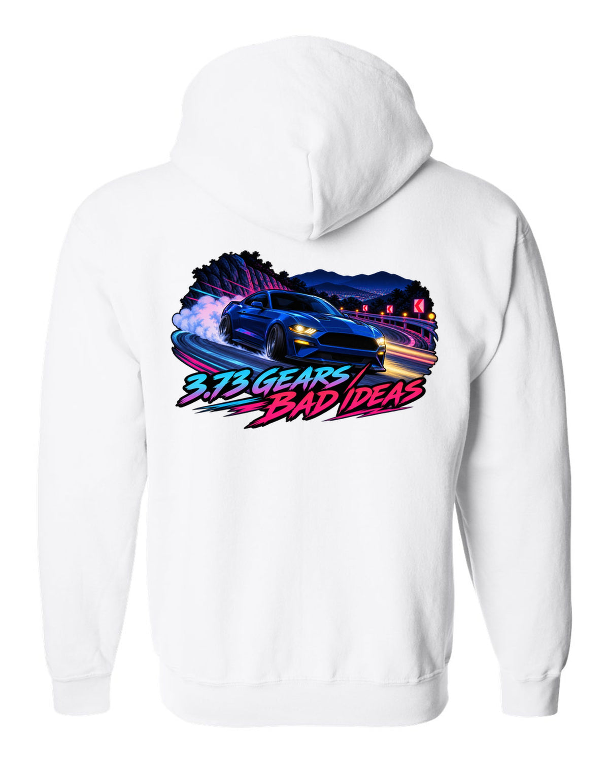 Cel-shaded anime night touge print of a 2015-2023 S550 Mustang fastback with 3.73 Gears text white zip hoodie back view with the design