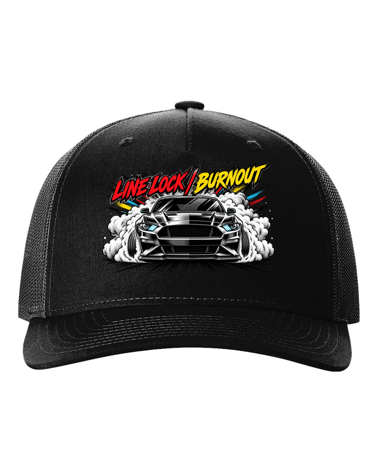 Varsity embroidery-style crest of an S550 Mustang fastback reading Yes, It's A Four black hat front view with the design