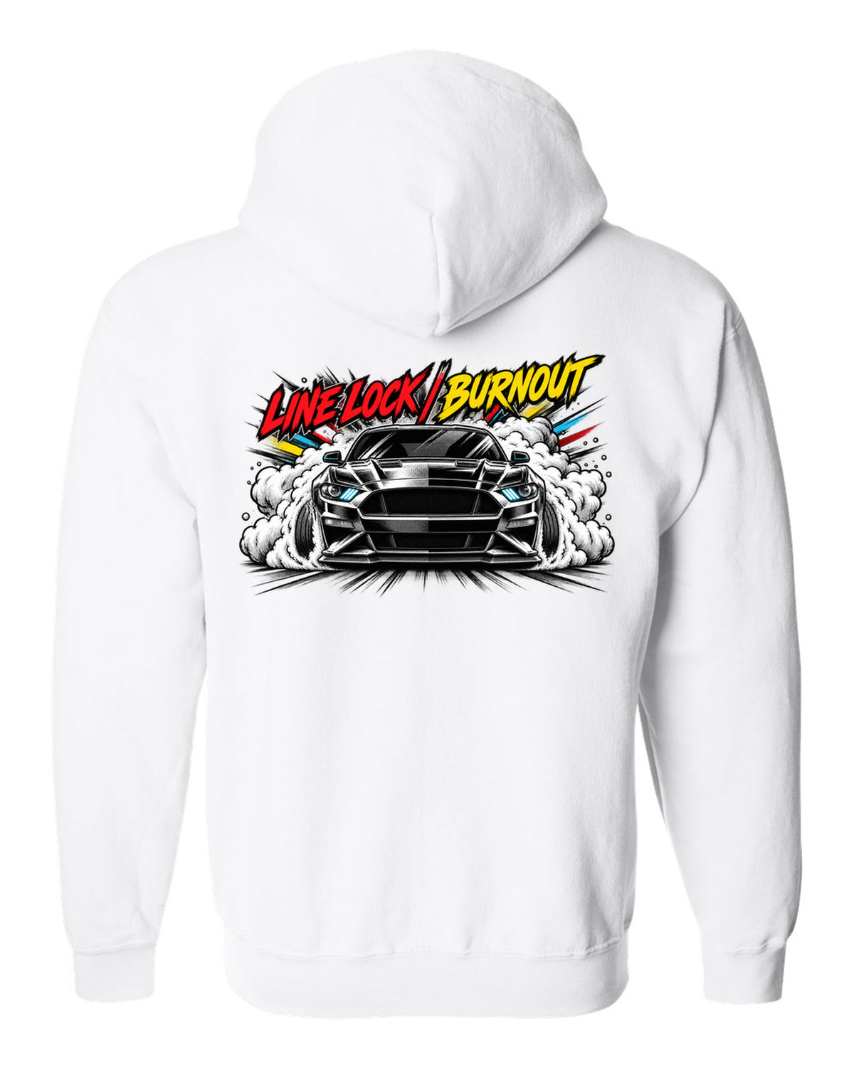 Varsity embroidery-style crest of an S550 Mustang fastback reading Yes, It's A Four white zip hoodie back view with the design