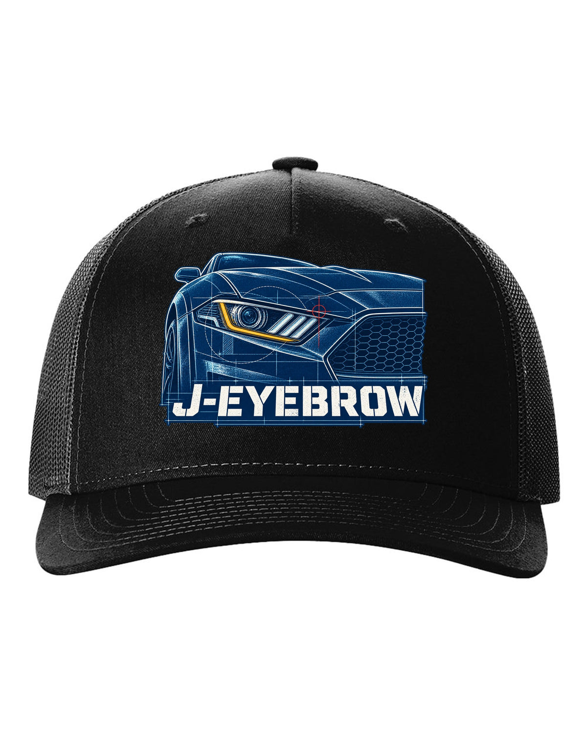 Cyanotype blueprint of a 2015-2023 S550 Ford Mustang fastback with J-Eyebrow label black hat front view with the design