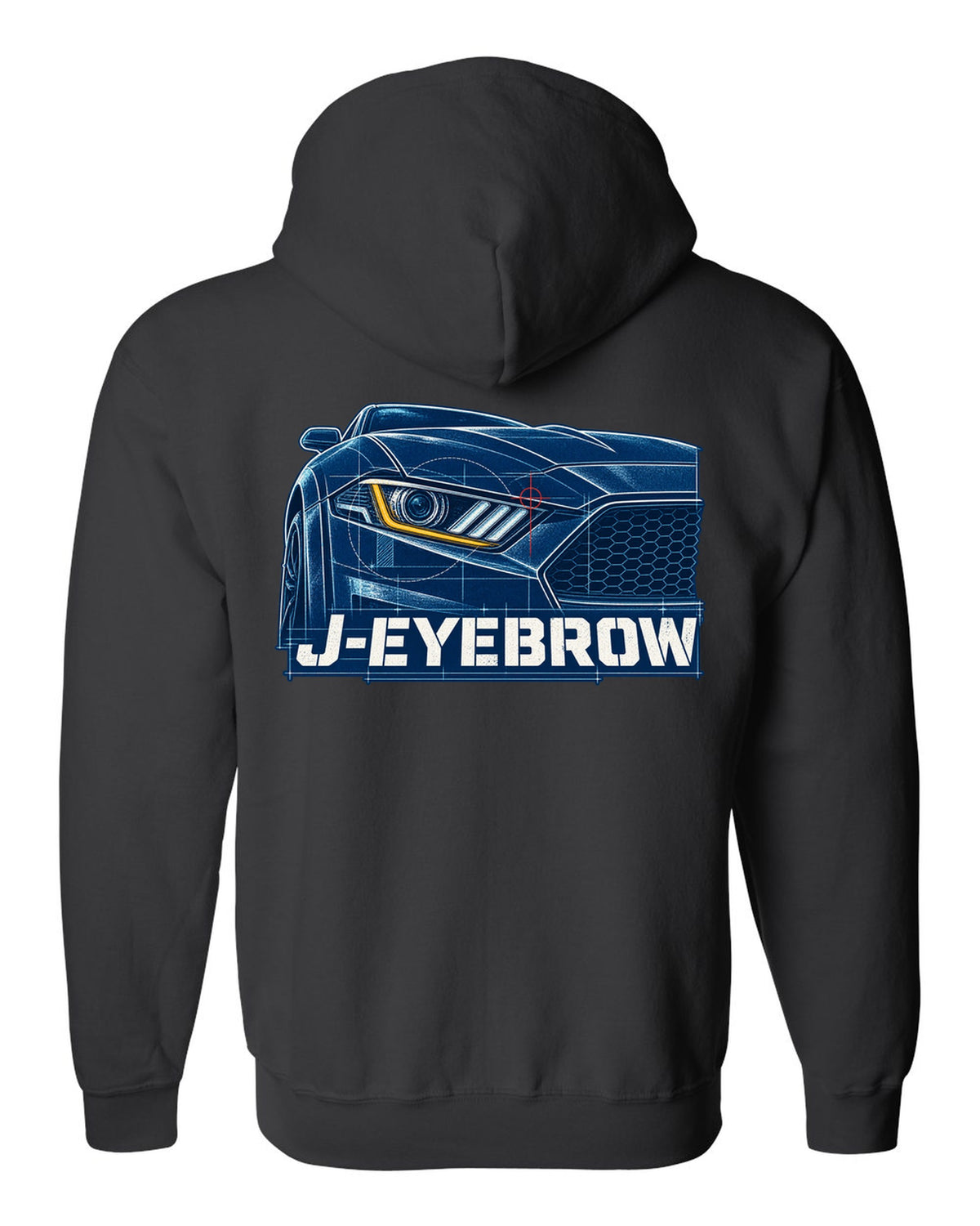 Cyanotype blueprint of a 2015-2023 S550 Ford Mustang fastback with J-Eyebrow label black zip hoodie back view with the design