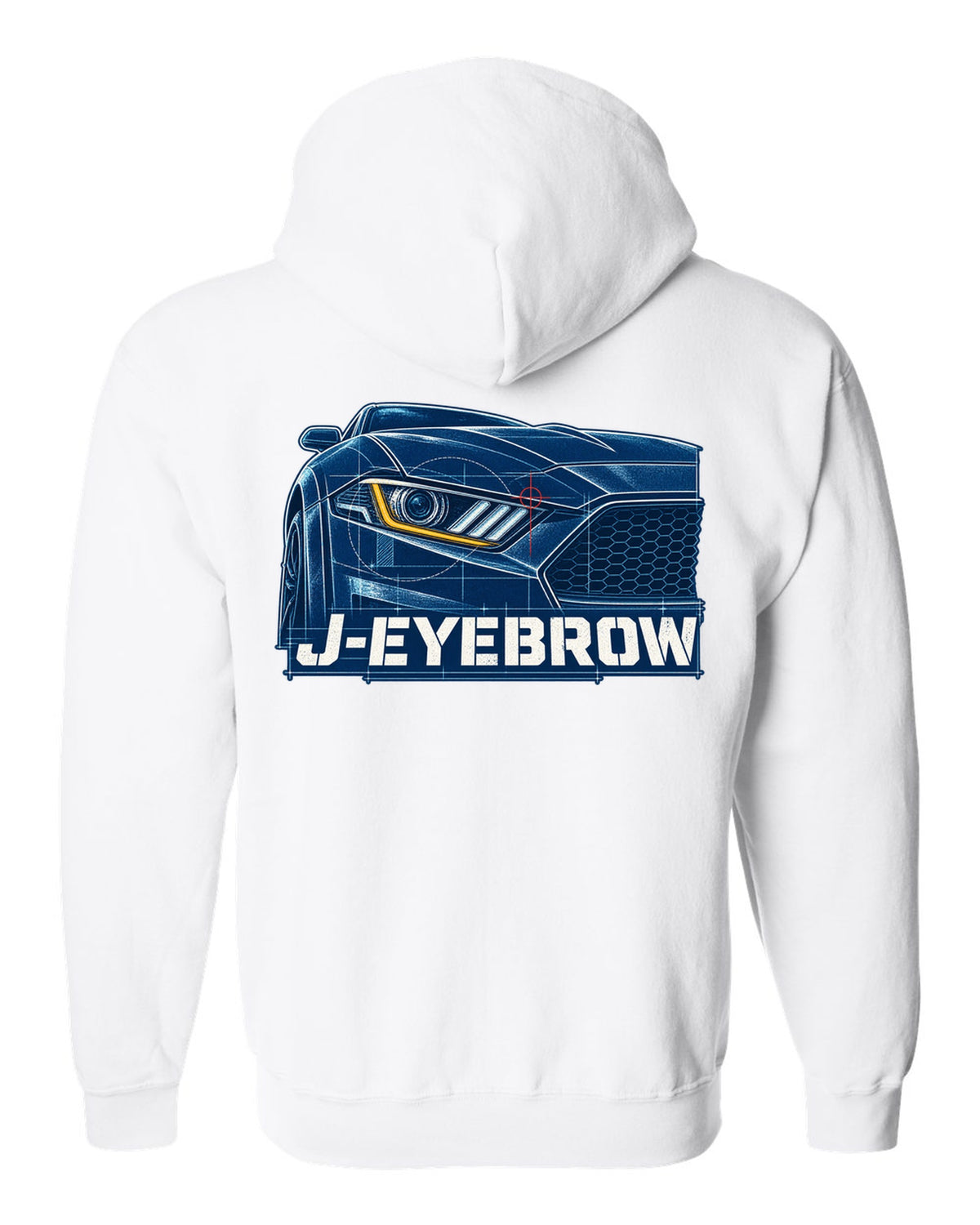 Cyanotype blueprint of a 2015-2023 S550 Ford Mustang fastback with J-Eyebrow label white zip hoodie back view with the design