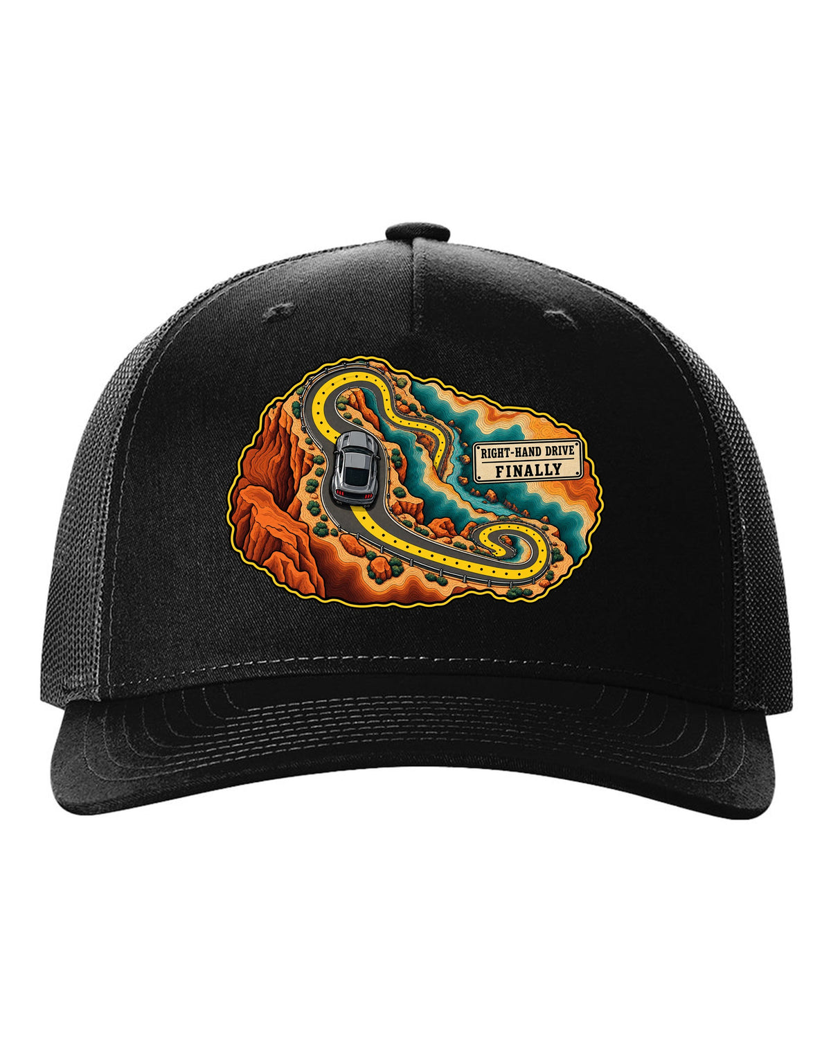 Topographic canyon route map with an S550 Ford Mustang fastback black hat front view with the design