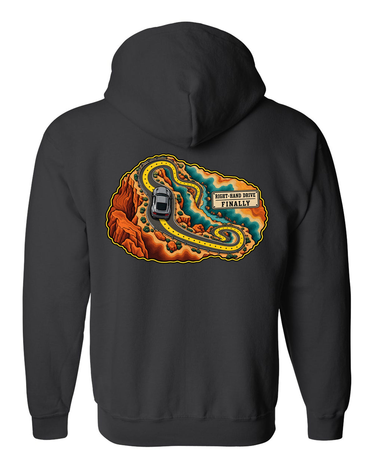 Topographic canyon route map with an S550 Ford Mustang fastback black zip hoodie back view with the design