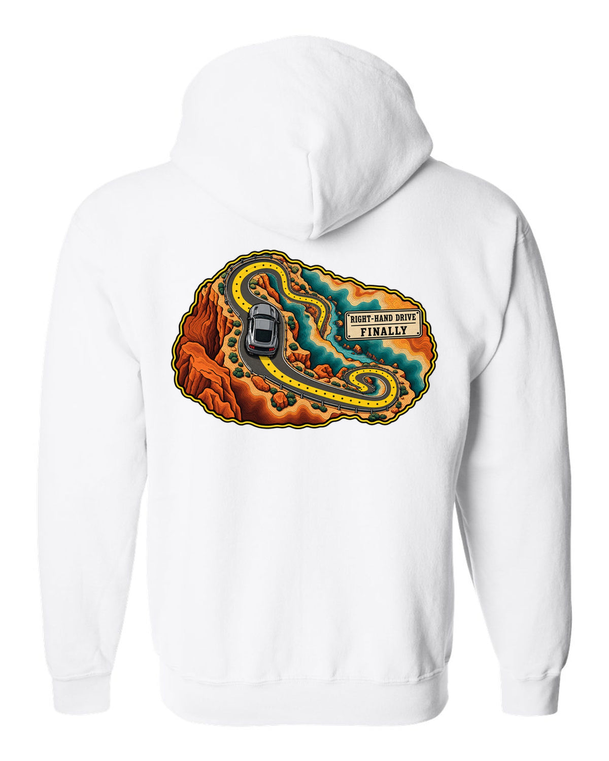 Topographic canyon route map with an S550 Ford Mustang fastback white zip hoodie back view with the design