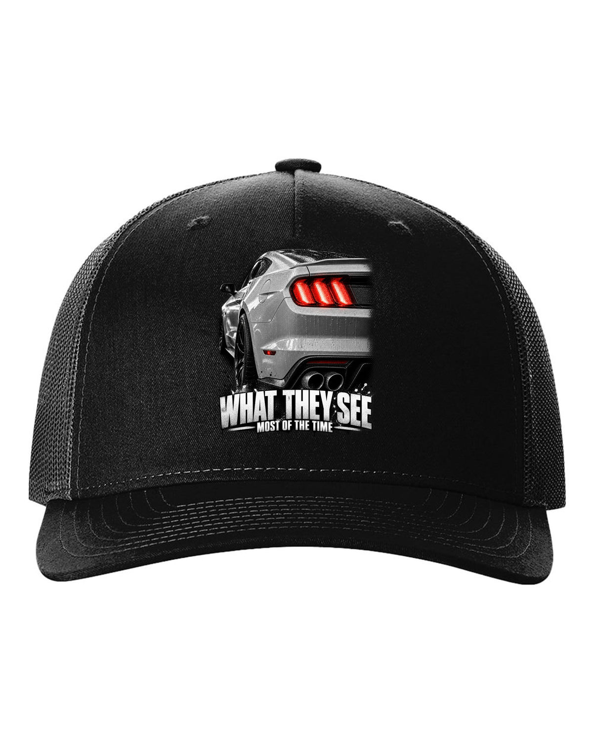 Macro print of a 2015-17 Ford Mustang S550 GT taillight black hat front view with the design