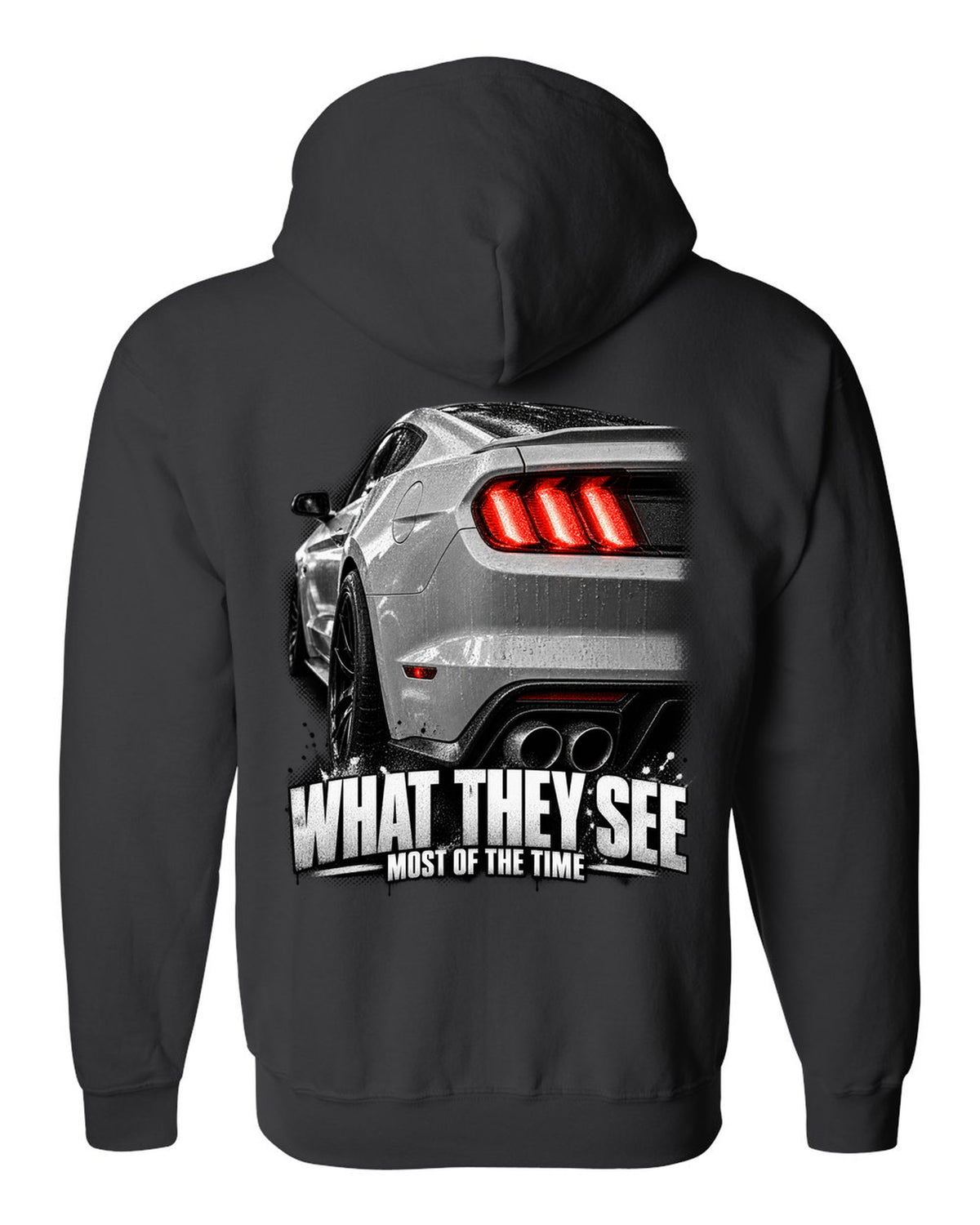 Macro print of a 2015-17 Ford Mustang S550 GT taillight black zip hoodie back view with the design