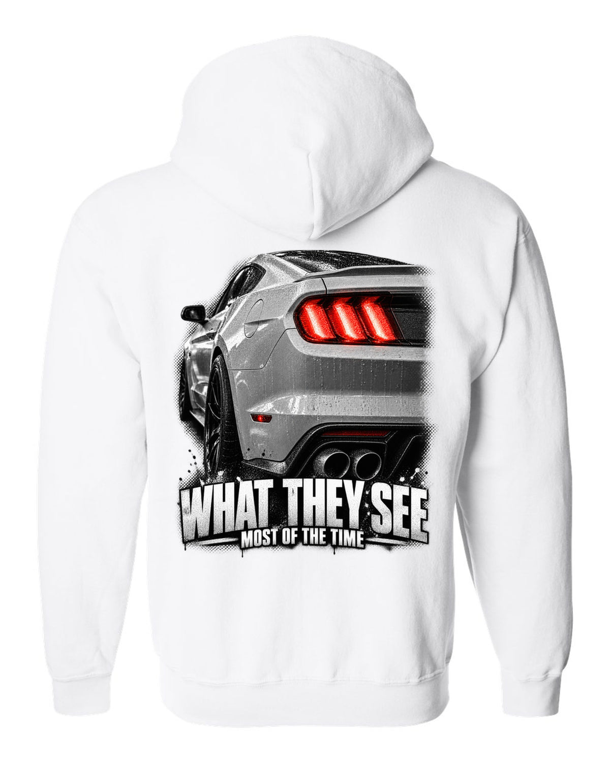 Macro print of a 2015-17 Ford Mustang S550 GT taillight white zip hoodie back view with the design