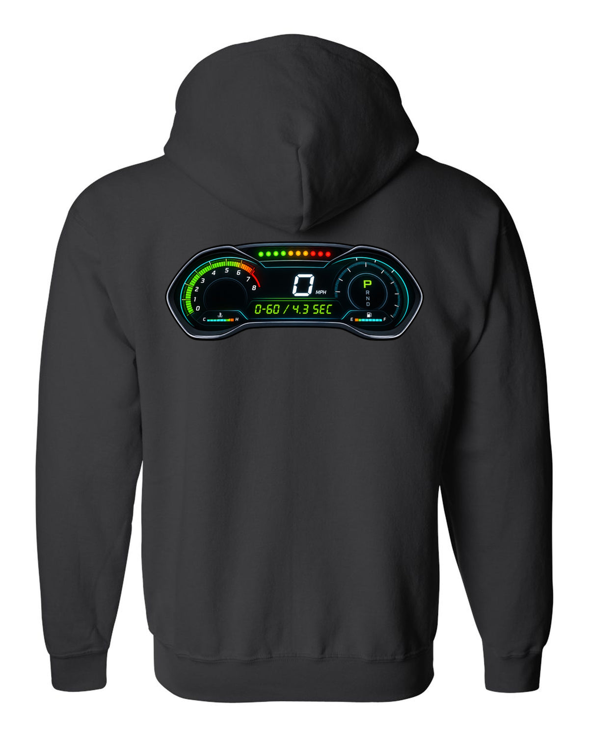 Retro manga halftone panel print of an S550 Mustang fastback doing a line lock burnout black zip hoodie back view with the design