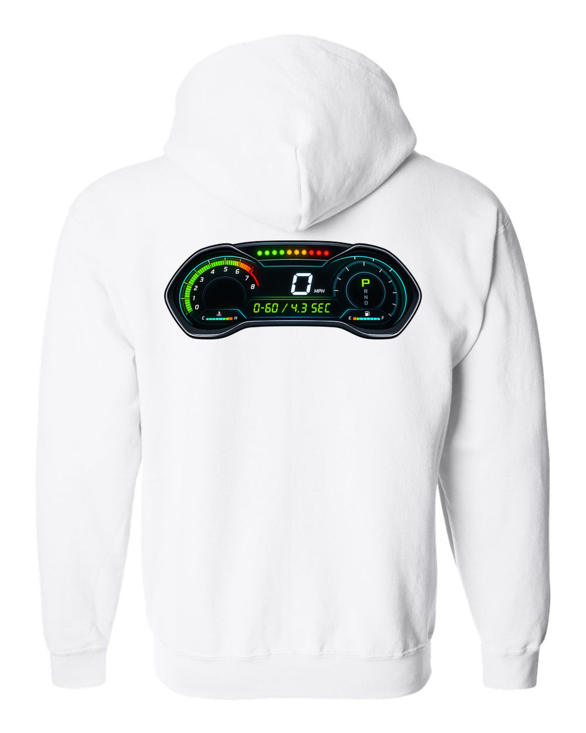 Retro manga halftone panel print of an S550 Mustang fastback doing a line lock burnout white zip hoodie back view with the design