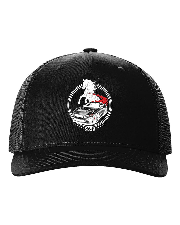 Mustang S650 Stallion black trucker hat front view with the design