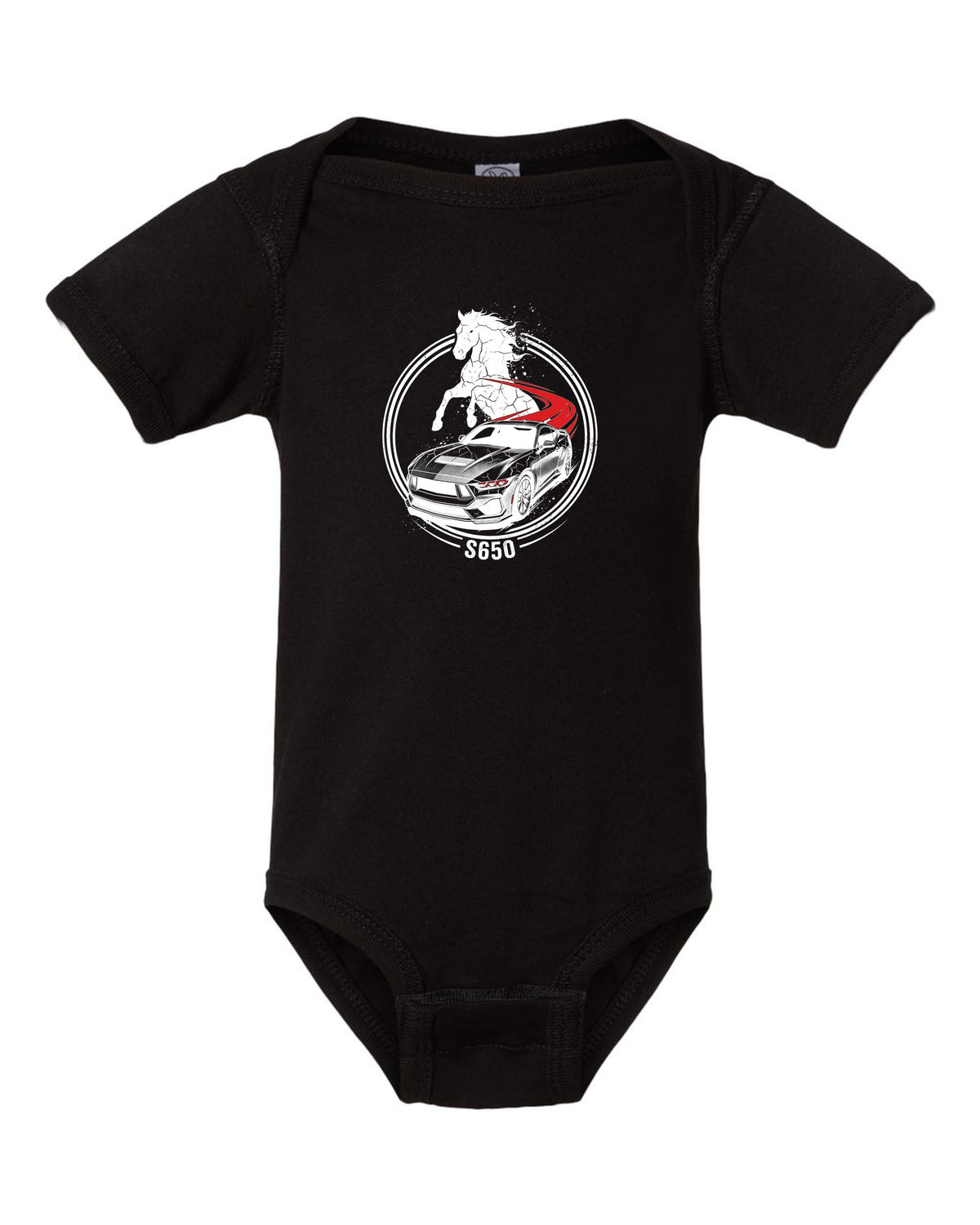 Mustang S650 Stallion black baby onesie front view with the design