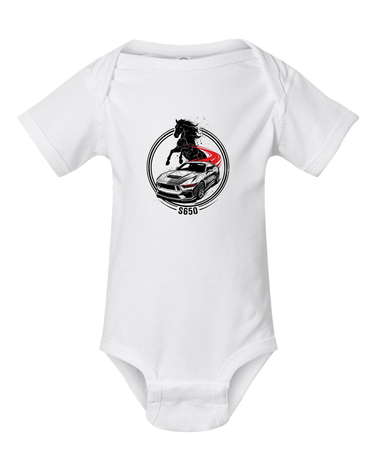 Mustang S650 Stallion white baby onesie front view with the design