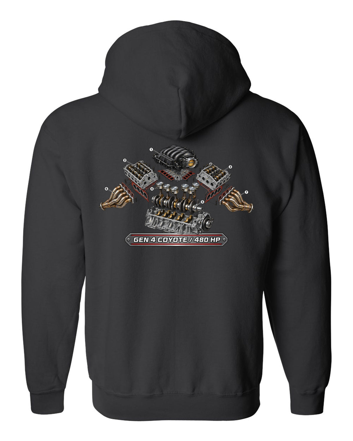 Isometric exploded cutaway engine print of a 2024 S650 Mustang 5.0 Gen 4 Coyote V8 black zip hoodie back view with the design
