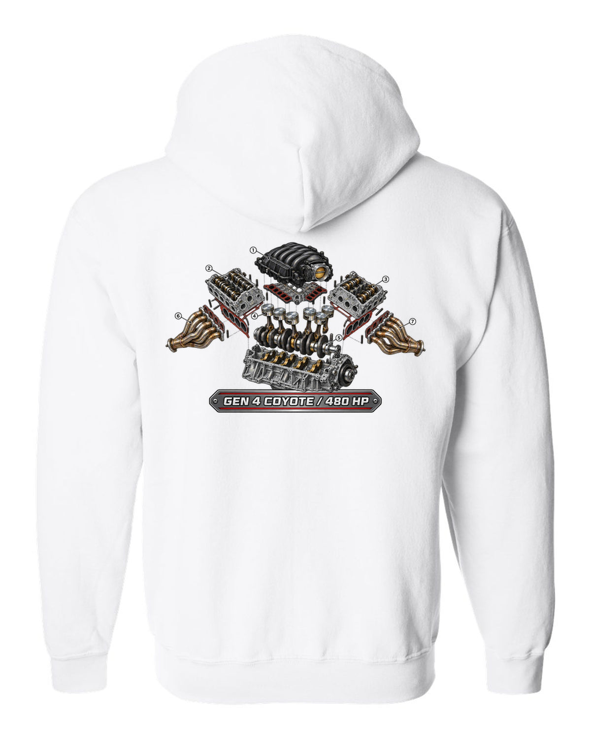 Isometric exploded cutaway engine print of a 2024 S650 Mustang 5.0 Gen 4 Coyote V8 white zip hoodie back view with the design