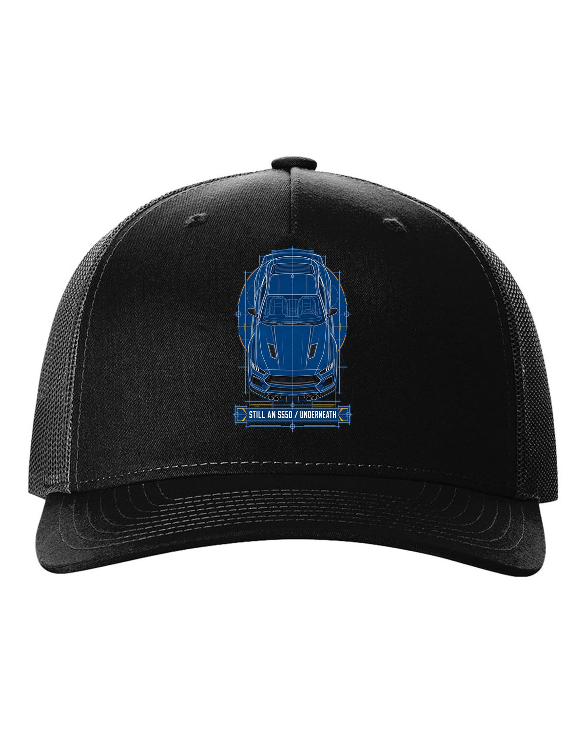 Cyanotype negative blueprint top view print of a 2024 S650 Mustang with Still An S550 Underneath black hat front view with the design