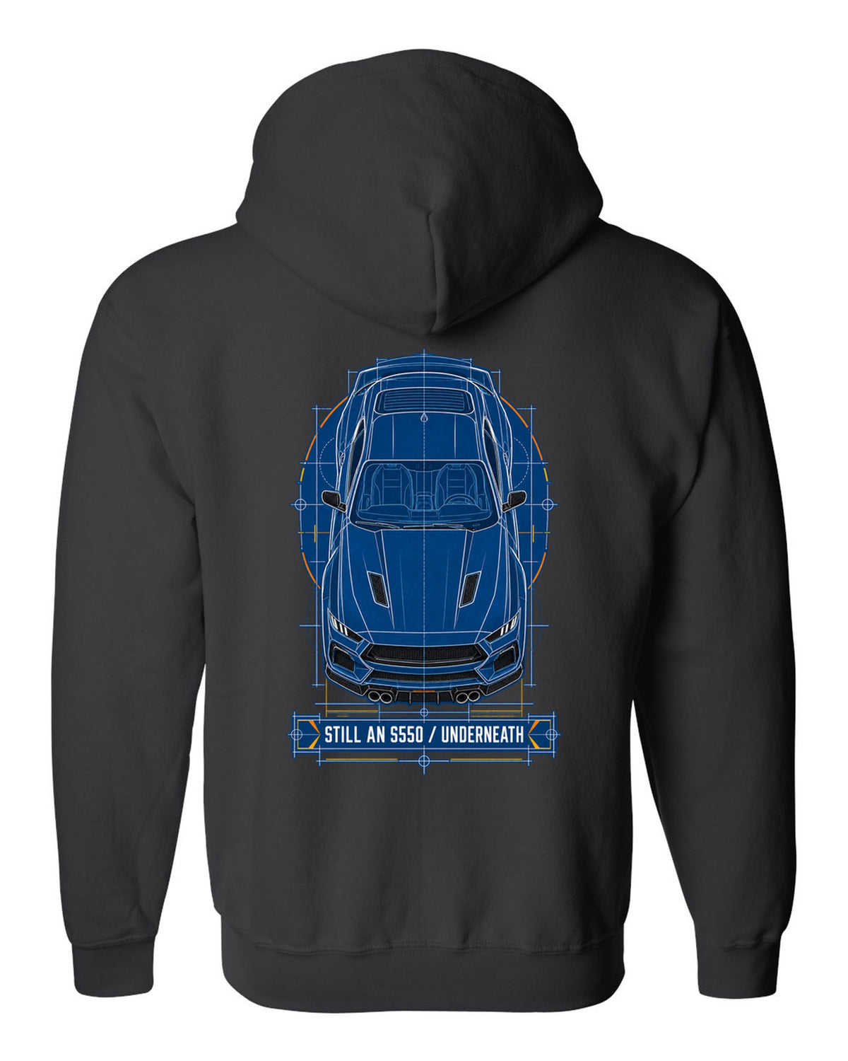 Cyanotype negative blueprint top view print of a 2024 S650 Mustang with Still An S550 Underneath black zip hoodie back view with the design