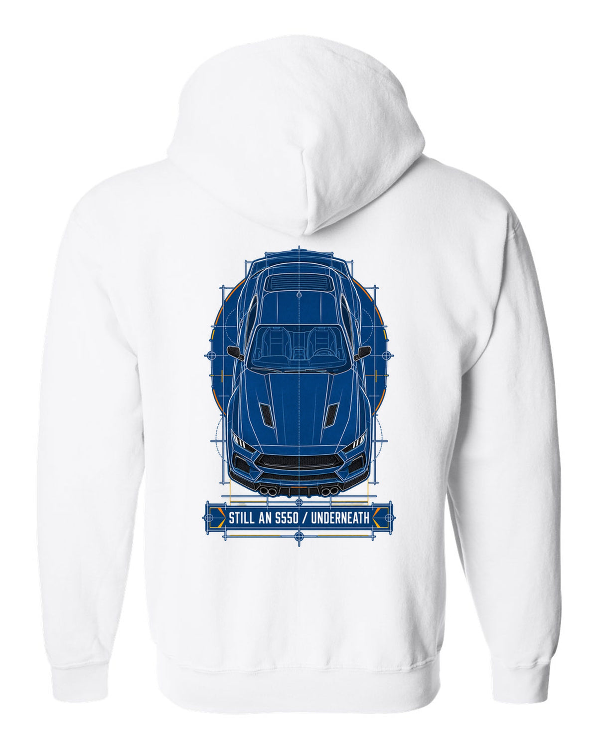 Cyanotype negative blueprint top view print of a 2024 S650 Mustang with Still An S550 Underneath white zip hoodie back view with the design