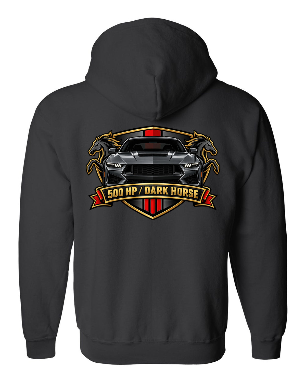 Varsity embroidery-style crest of a 2024 S650 Mustang Dark Horse reading 500 HP black zip hoodie back view with the design