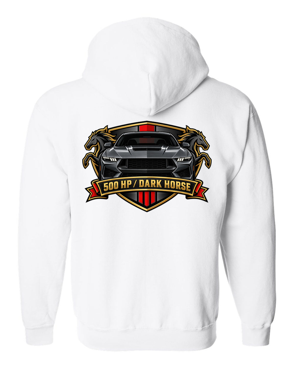 Varsity embroidery-style crest of a 2024 S650 Mustang Dark Horse reading 500 HP white zip hoodie back view with the design