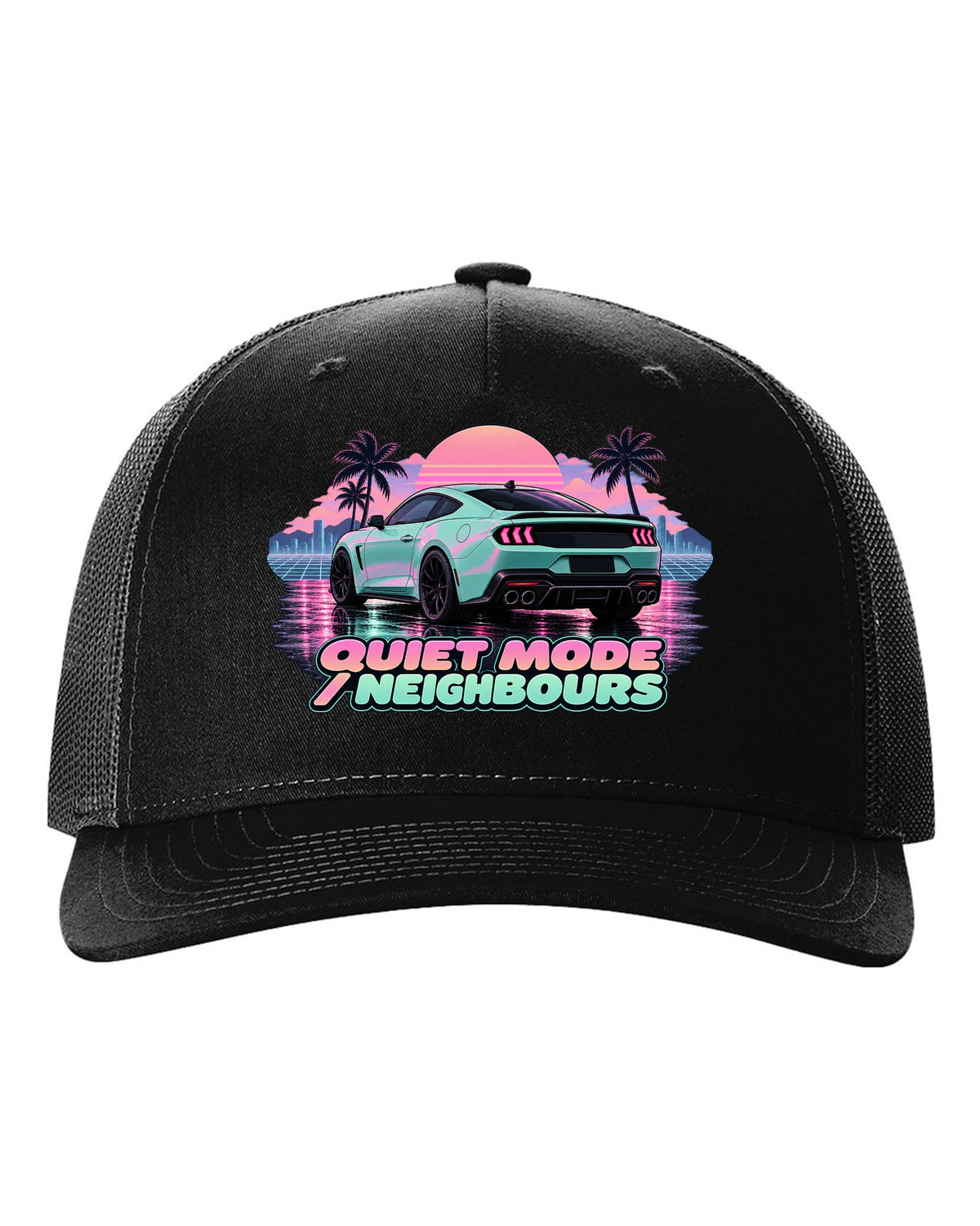 Vaporwave pastel print of a 2024 S650 Mustang coupe on wet asphalt with Quiet Mode text black hat front view with the design