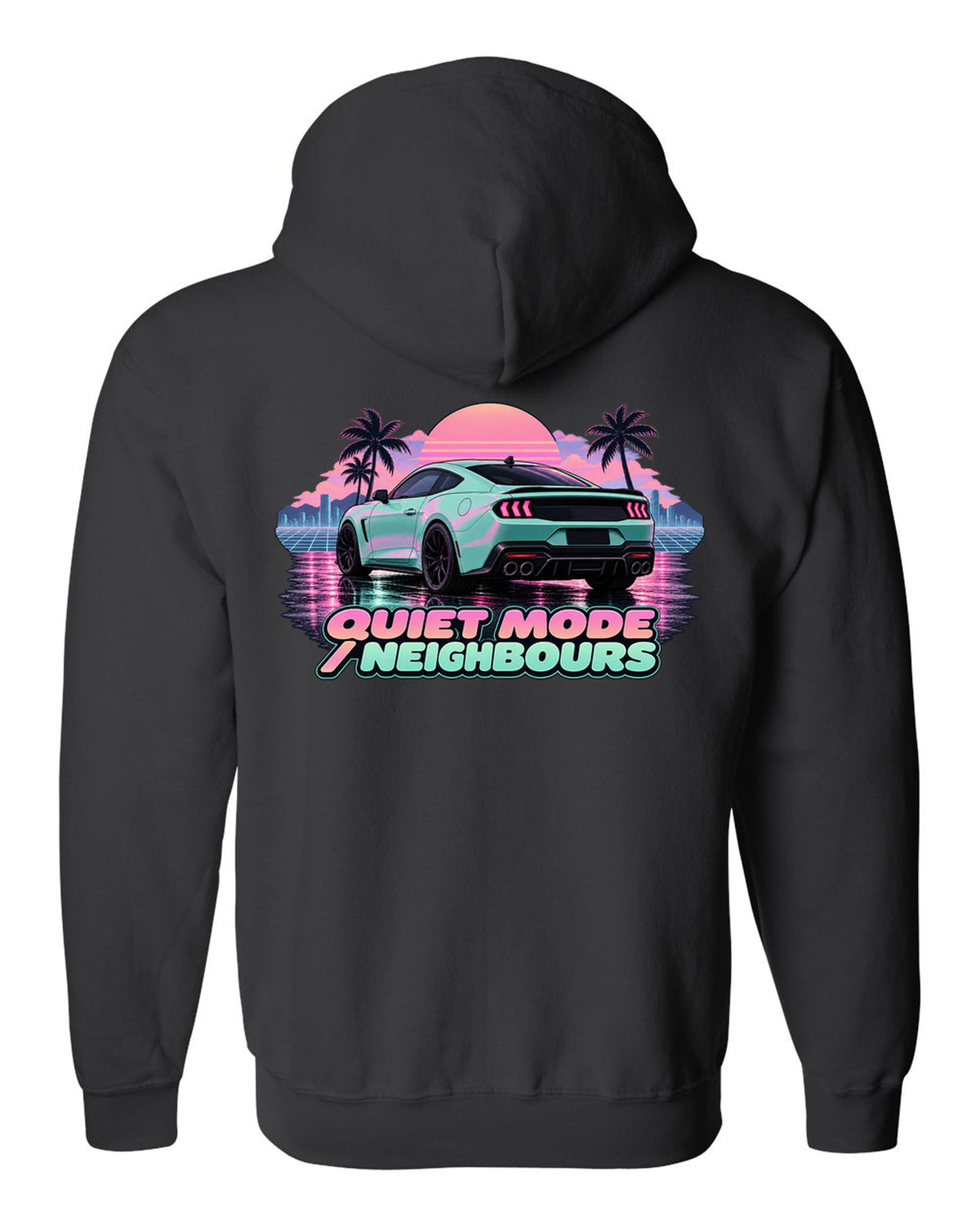 Vaporwave pastel print of a 2024 S650 Mustang coupe on wet asphalt with Quiet Mode text black zip hoodie back view with the design