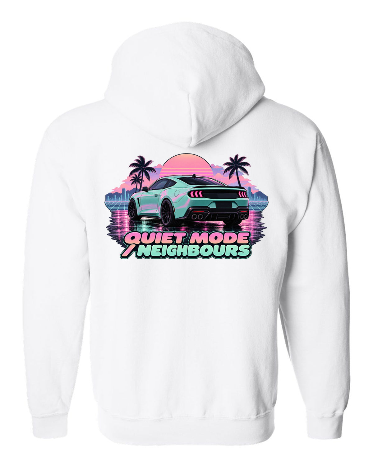 Vaporwave pastel print of a 2024 S650 Mustang coupe on wet asphalt with Quiet Mode text white zip hoodie back view with the design