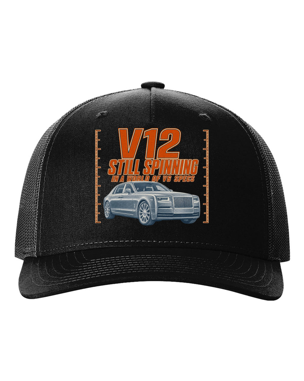 Halftone print of a silver Mercedes-Maybach S680 Z223 front three-quarter black hat front view with the design