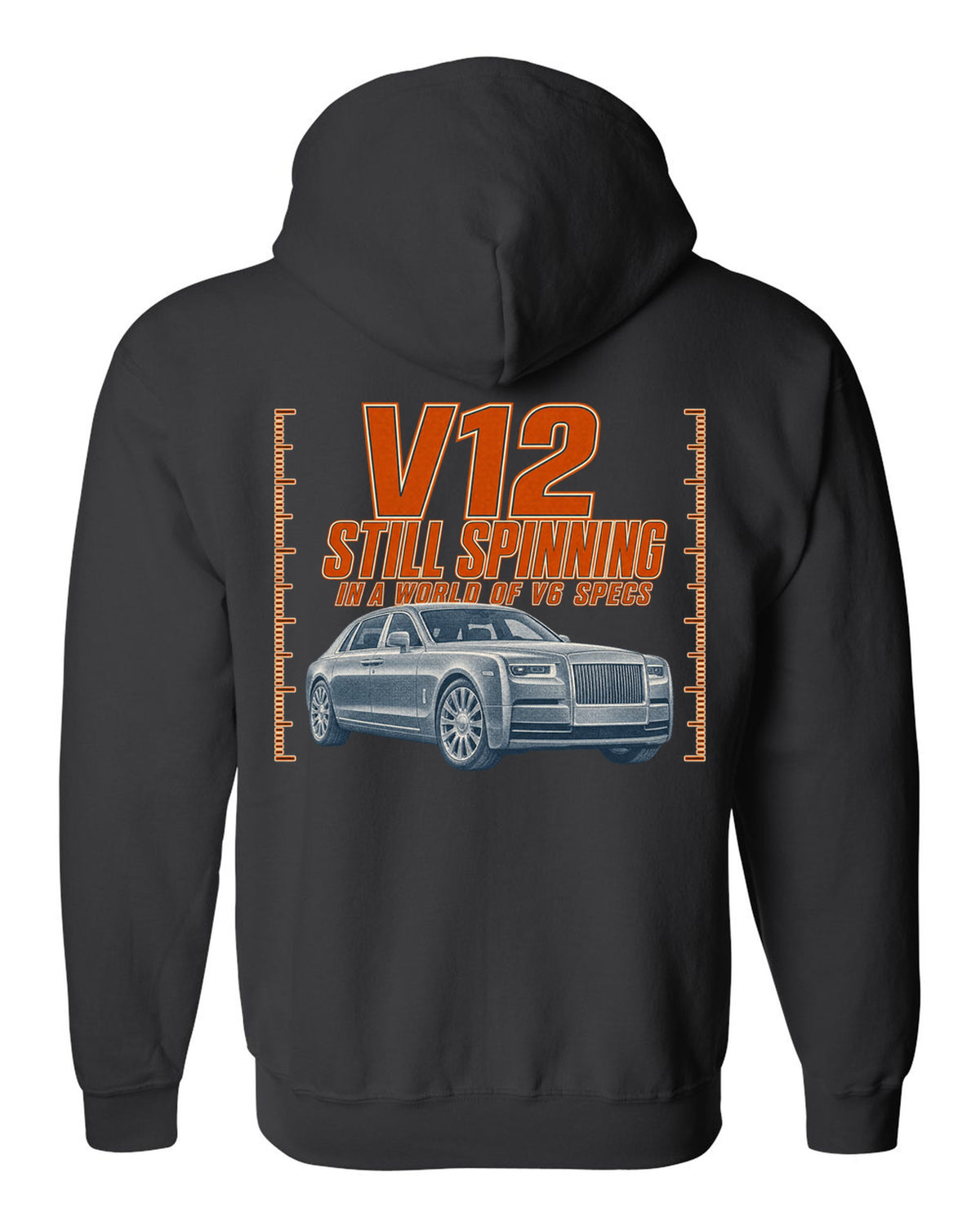 Halftone print of a silver Mercedes-Maybach S680 Z223 front three-quarter black zip hoodie back view with the design