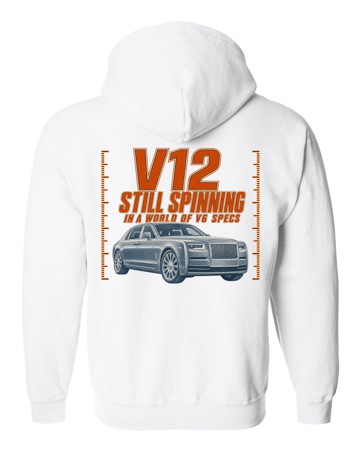 Halftone print of a silver Mercedes-Maybach S680 Z223 front three-quarter white zip hoodie back view with the design