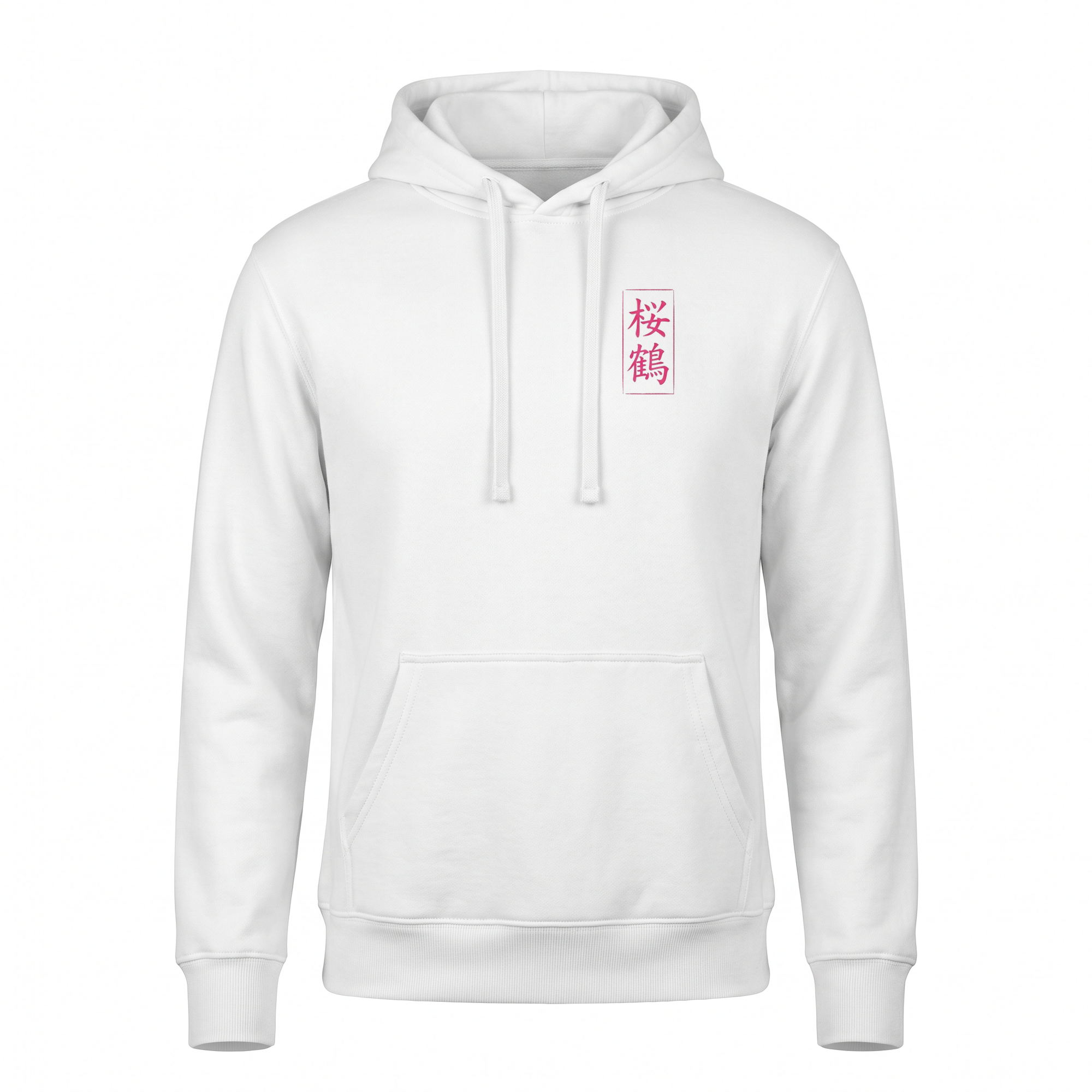 Sakura Crane — A90 Supra Sumi Ink Full-Back Hoodie — White front (left-chest seal)