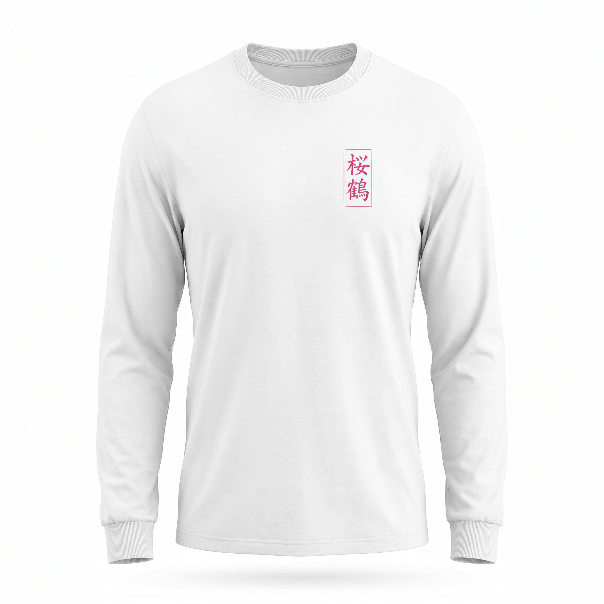 Sakura Crane — A90 Supra Sumi Ink Full-Back Long Sleeve — White front (left-chest seal)