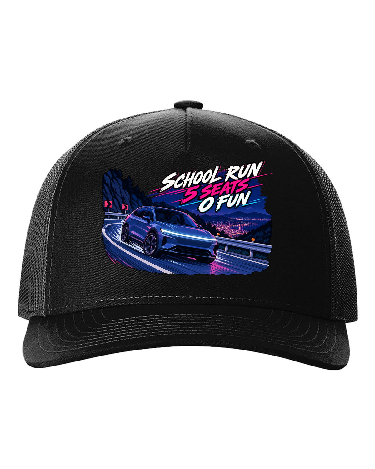 Cel-shaded 90s anime night touge print of a Tesla Model Y Juniper reading School Run 5 Seats 0 Fun black hat front view with the design