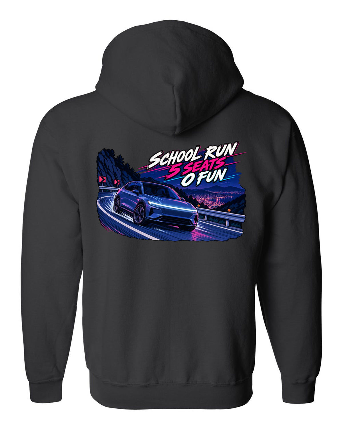 Cel-shaded 90s anime night touge print of a Tesla Model Y Juniper reading School Run 5 Seats 0 Fun black zip hoodie back view with the design