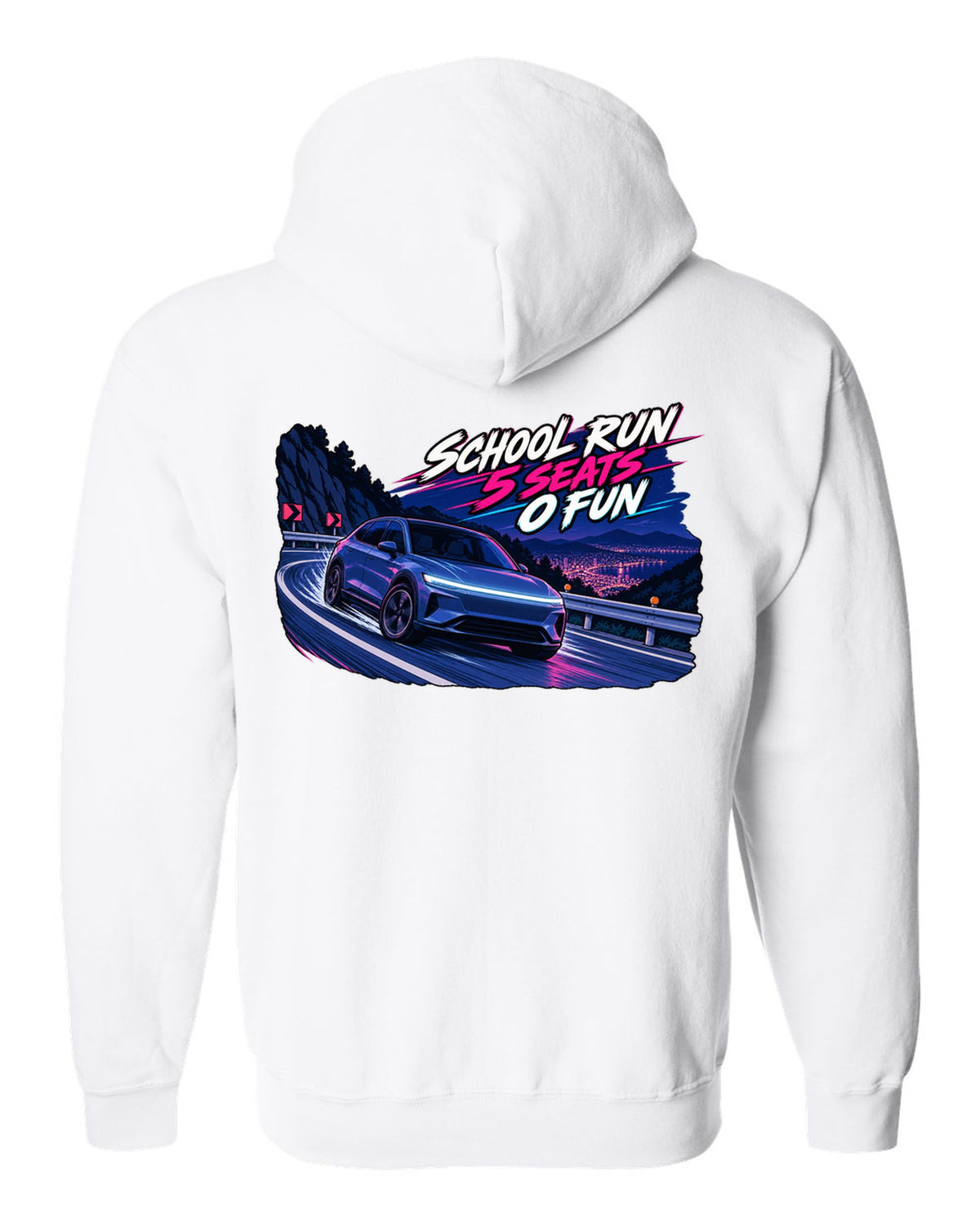 Cel-shaded 90s anime night touge print of a Tesla Model Y Juniper reading School Run 5 Seats 0 Fun white zip hoodie back view with the design