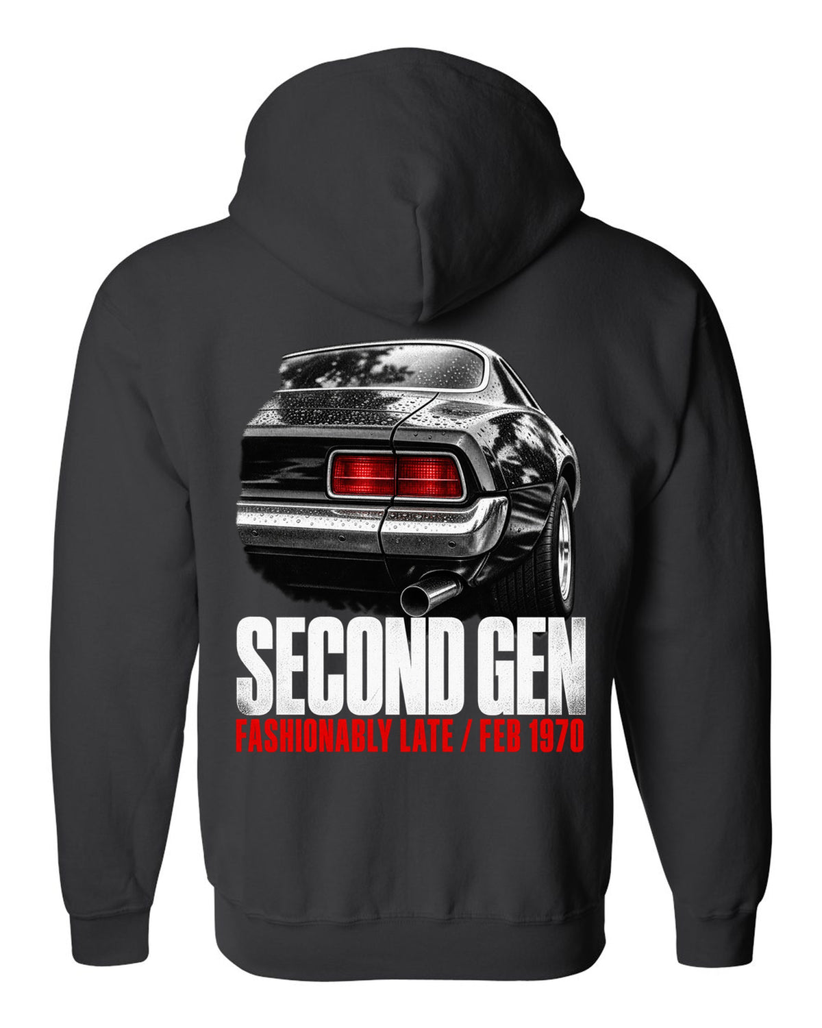 Taillight macro print of a 1970 second-gen Chevrolet Camaro split bumper with Feb 1970 caption black zip hoodie back view with the design