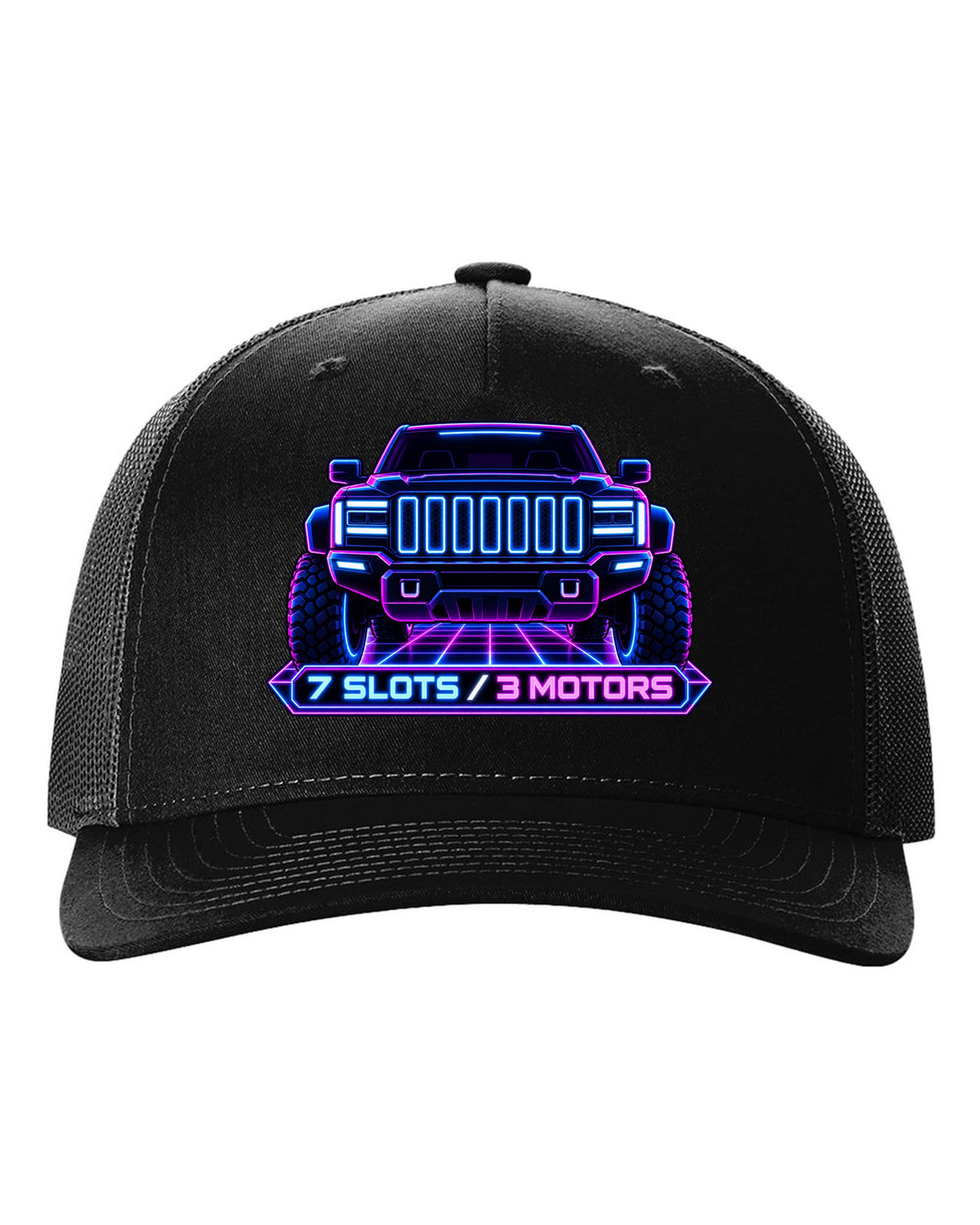 GMC Hummer EV neon vector grille panel print with seven slots and three motors black hat front view with the design