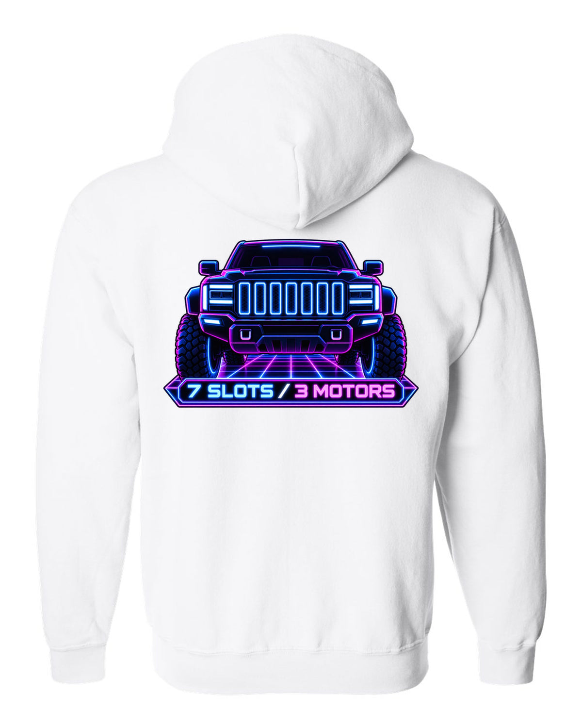 GMC Hummer EV neon vector grille panel print with seven slots and three motors white zip hoodie back view with the design
