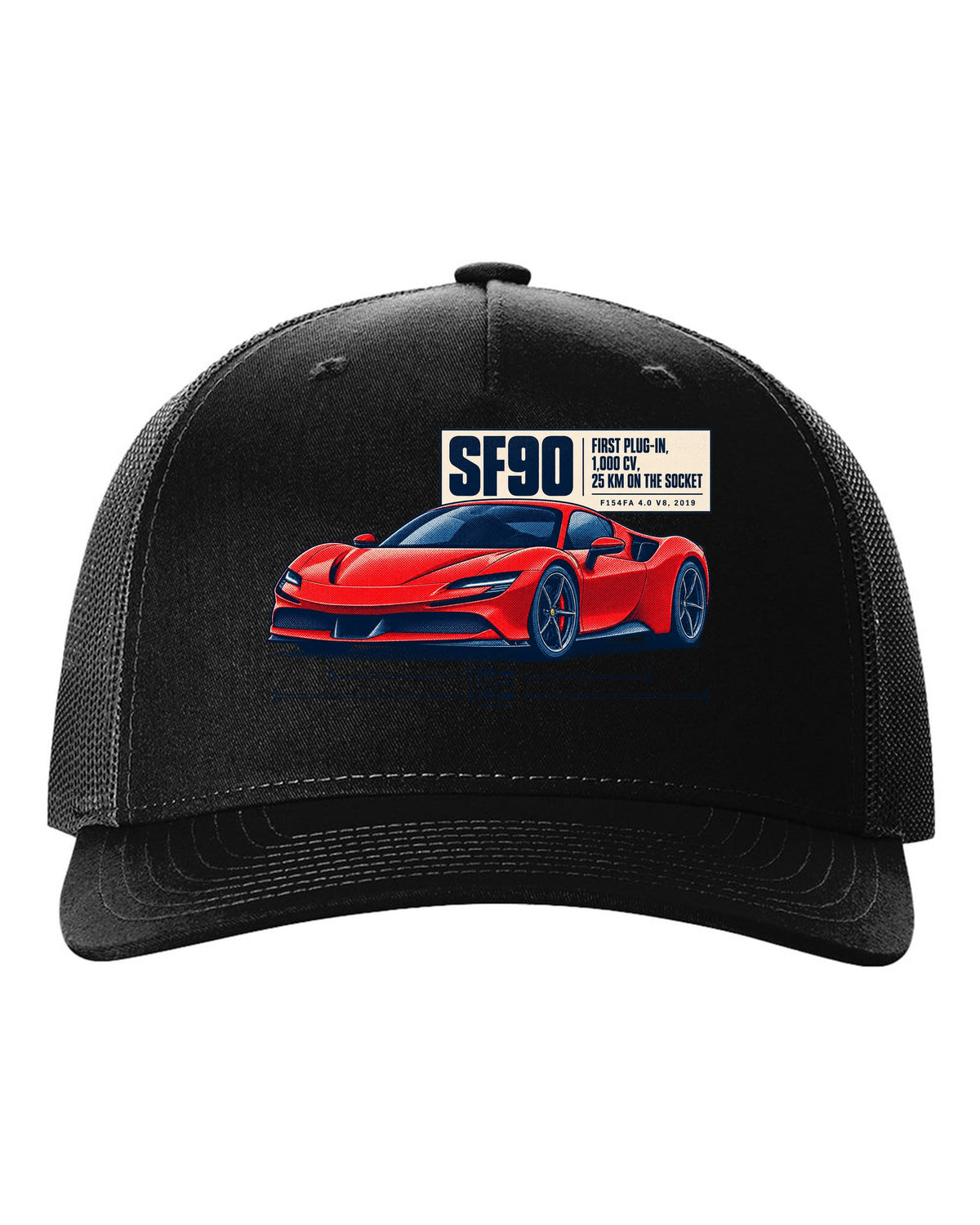 Ferrari SF90 Stradale halftone print with first plug-in, 1,000 CV text black hat front view with the design