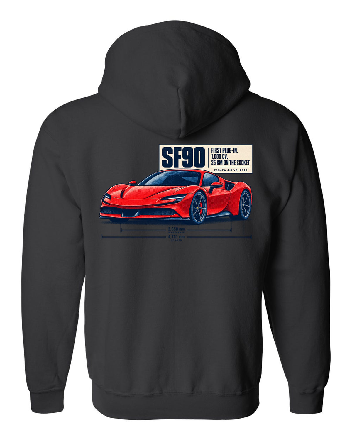 Ferrari SF90 Stradale halftone print with first plug-in, 1,000 CV text black zip hoodie back view with the design